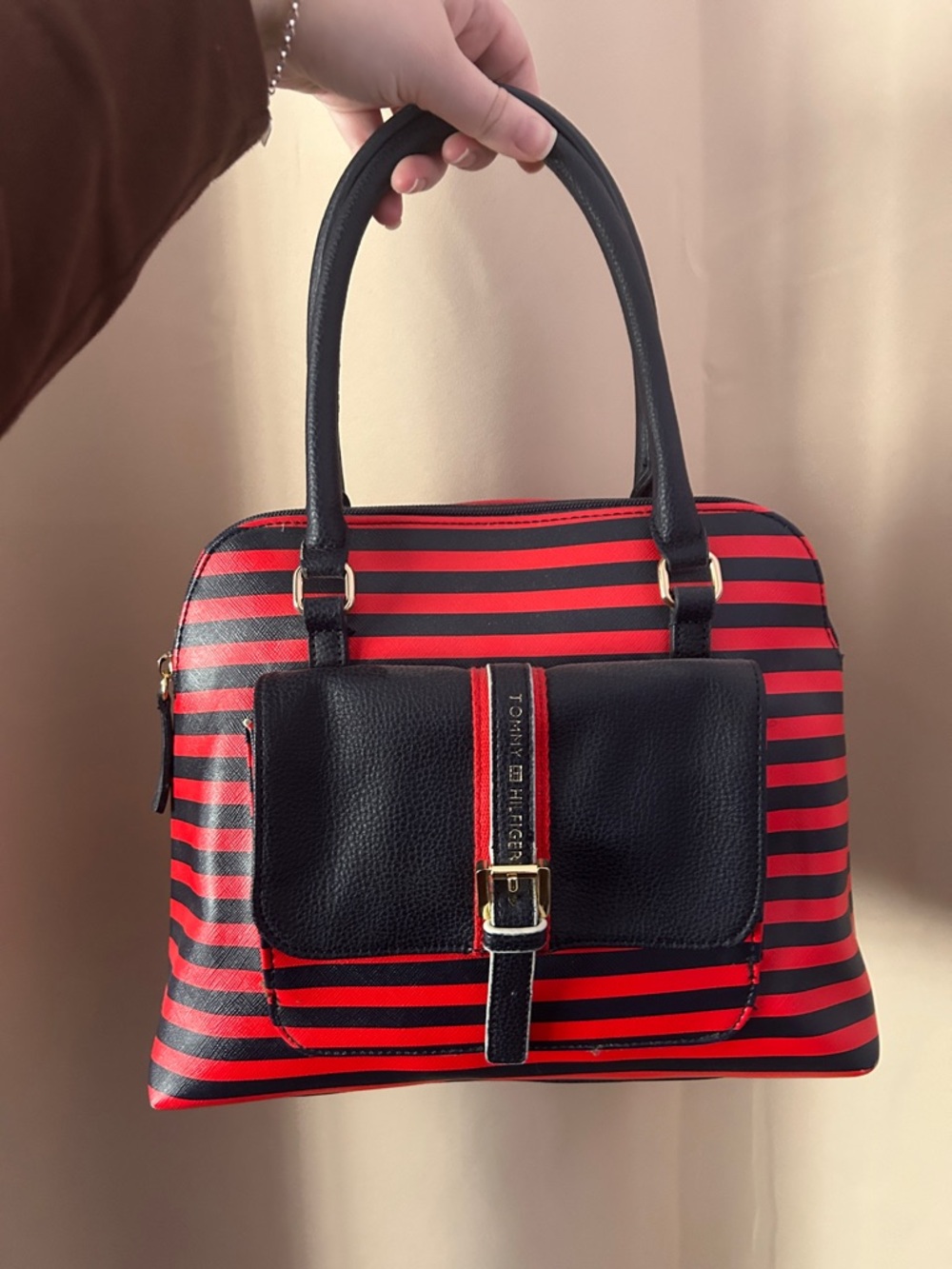 Vintage Tommy Hilfiger Red and Black Striped Satchel
